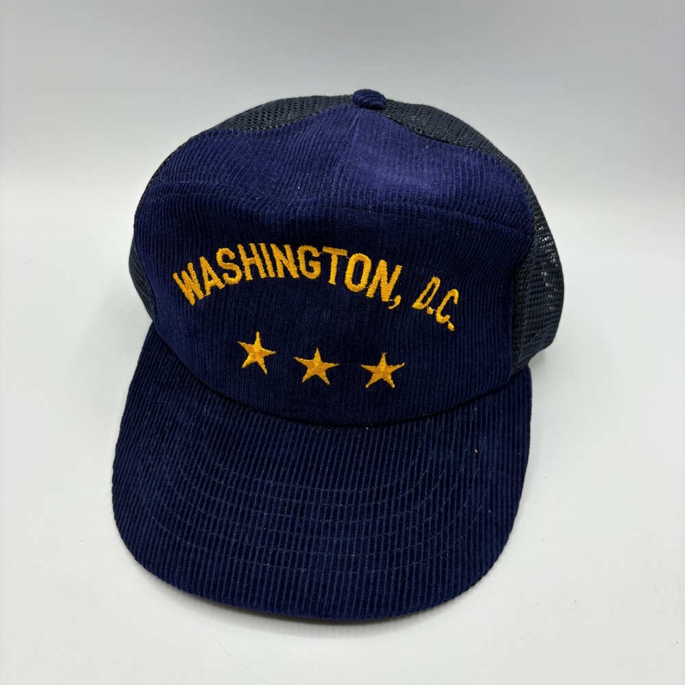 Vintage Washington DC Corduroy Mesh Trucker Hat Snapback 3 Stars Navy Blue